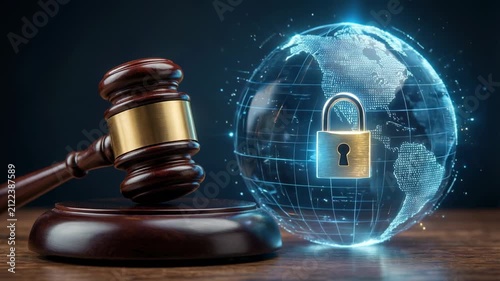A wooden gavel beside a glowing digital globe with a padlock. Concept of global cybersecurity laws and digital privacy. 