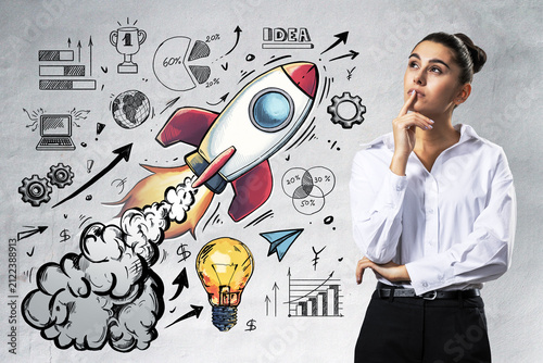 Rocket launch startup growth concept with thoughtful businesswoman, hand drawn doodles, charts, light bulb and success symbols on textured background.