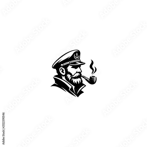 Fotografie Illustration of a sea captain with a beard and uniform cap smoking a pipe mariti