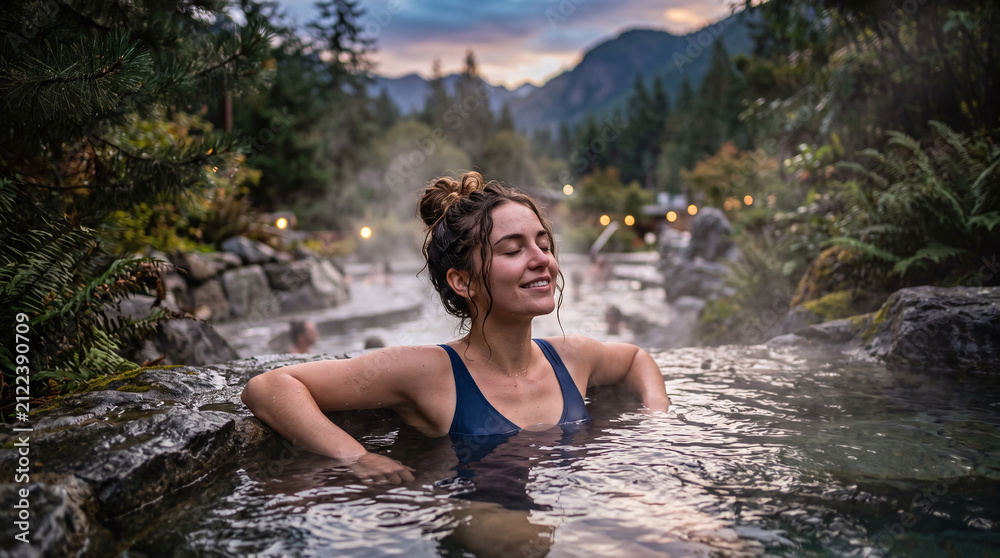 Fototapeta premium Happy young woman relaxing in a steaming natural hot spring spa at sunset