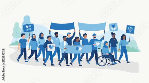Diverse group of people marching for social justice and community support with banners and signs in a peaceful protest vector illustration.