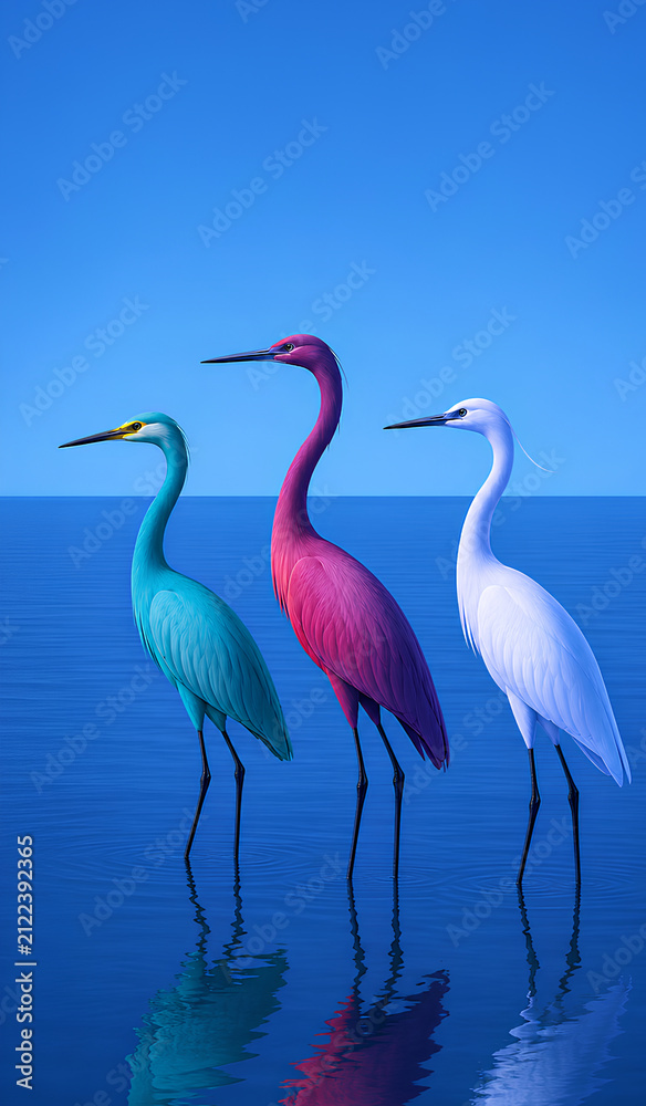 Naklejka premium Colorful Herons Standing in Calm Blue Water – Minimalist Tropical Bird Illustration with Reflections
