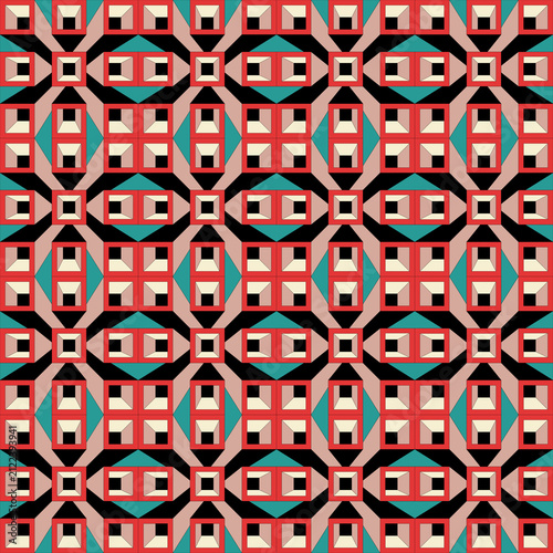 Retro 3D Geometric Seamless Pattern with Red and Teal Optical Illusion Grid