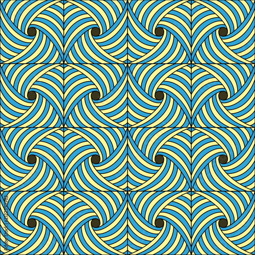 Abstract Swirl Wave Seamless Pattern in Blue and Yellow Art Deco Style