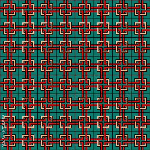Traditional Chinese Knot Geometric Seamless Pattern in Red and Jade Green