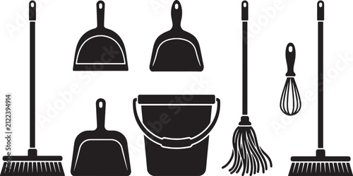 Set of black cleaning equipment silhouettes including brooms mops dustpans and a bucket for household maintenance tasks