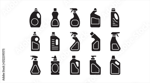Household Cleaner, Disinfectant and Detergent Bottle Icon Set
