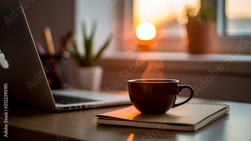 A Peaceful Morning Workspace Featuring A Steaming Cup Of Coffee Beside An Open Notebook Near A Sunny Window