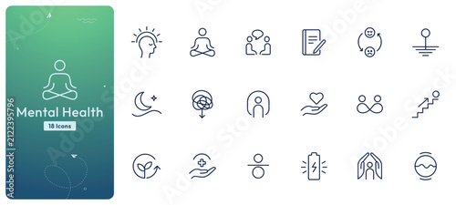 Mental health and mindfulness outline icon set for psychology and wellness design