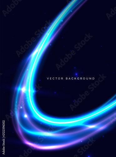 Blue and purple curved neon beams on dark blue background.