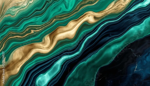 Elegant abstract marble background featuring flowing emerald green, teal, black, and metallic gold fluid layers with luxurious stone-like textures. The sophisticated design creates a premium artistic 