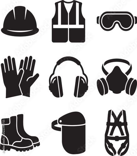 Black and white personal protective equipment PPE icons set modern design elements vector background pattern safety gear symbols