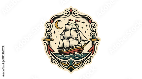 Vintage Sailing Ship Emblem with Moon and Stars