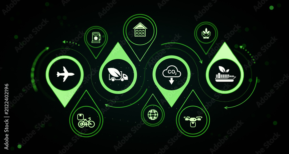 Obraz premium Sustainable transportation network with green mobility icons, low carbon emissions, renewable logistics and eco friendly travel concept background. 3D Rendering