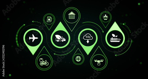 Sustainable transportation network with green mobility icons, low carbon emissions, renewable logistics and eco friendly travel concept background. 3D Rendering