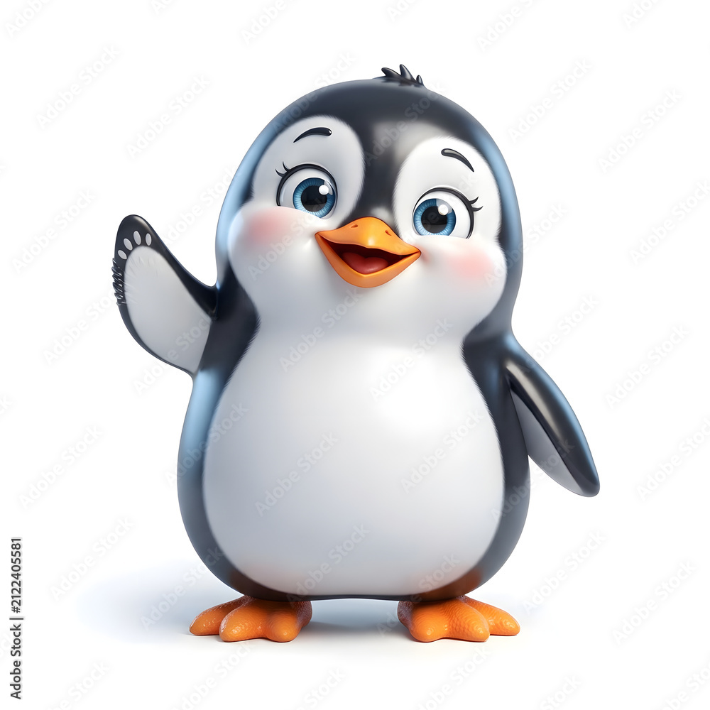 Fototapeta premium Cute 3D cartoon penguin character waving hand isolated on white background