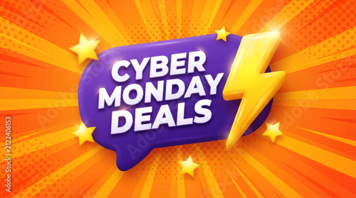 Cyber Monday Deals promotional banner, vibrant orange sunburst background with purple speech bubble, 3D lightning bolt and gold stars marketing graphic