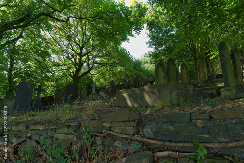 Foto A sun-drenched, overgrown cemetery features old, weathered gravestones beneath a