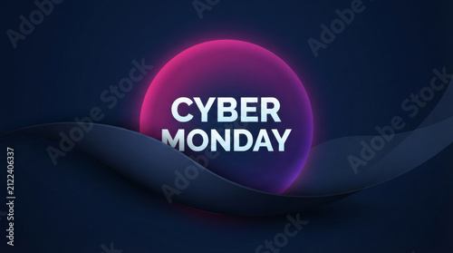 Cyber Monday sale banner with neon glowing sphere, futuristic dark blue background with abstract waves, digital marketing promotion graphic