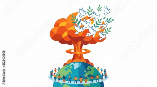 Peaceful world concept with white doves flying from nuclear explosion, global unity and anti-war illustration, people holding hands around earth