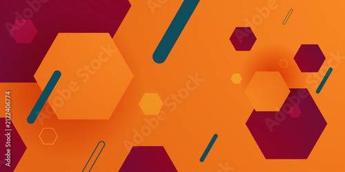 Abstract orange color background with overlap green and red hexagon shapes pattern element concept design. Modern flat banner style.