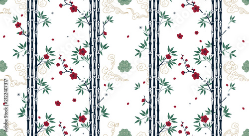 Seamless pattern with bamboo stalks, plum blossoms and traditional asian clouds