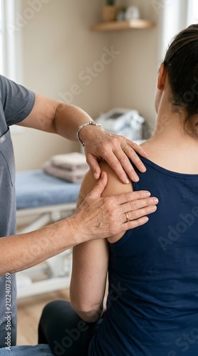 Therapist massaging patient shoulder. Professional physical therapy session in clinic.