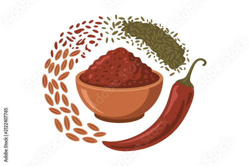 Vector illustration of a ceramic bowl filled with red chili powder surrounded by cumin seeds fennel seeds and a fresh red hot chili pepper pod