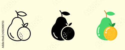 Фотография Pear and Orange Fruit Icon Set, Outline, Glyph and Flat Vector Illustration