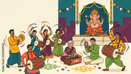 Vibrant cultural celebration during Ganesh Chaturthi with dance and music