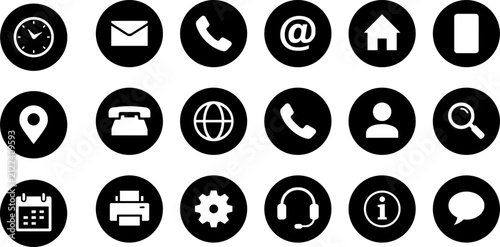Minimalist contact icons set, 18 black circle web buttons, flat communication symbols for business cards and website UI ,Clean grouped each vector icon.
