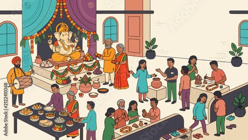 Ganesh Chaturthi celebration with rituals, food, and community gathering