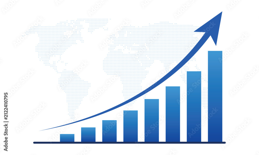 Fototapeta premium Blue Business Growth Bar Chart with Rising Arrow, Financial Performance and Global Market Analytics Illustration