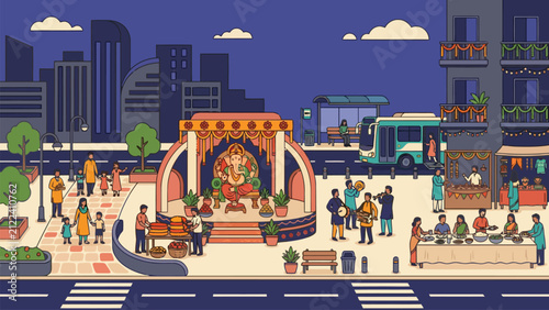 Vibrant street celebration for Ganesh Chaturthi with stalls and community activities