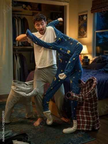 Man struggling with animated pajamas in bedroom at night - funny surreal pajama fight scene