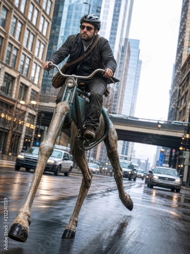 Man riding sculptural bicycle with long horse legs through wet urban street between skyscrapers