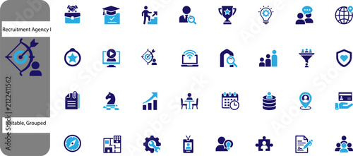 Recruitment agency icon set, professional human resources and hiring vector elements, blue corporate business management symbols for headhunting ,Clean grouped each vector icon.