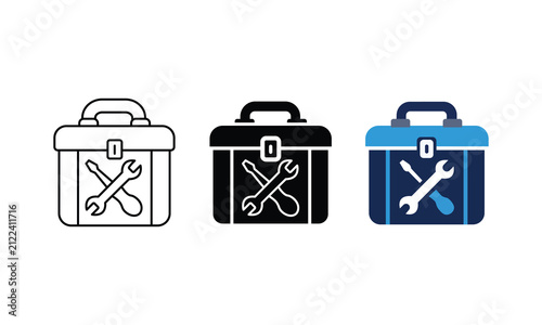 Toolbox Icon Set – Outline, Solid, and Blue Vector Collection Representing Repair, Maintenance, and Construction Design
