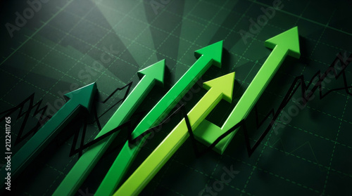Financial growth arrows rising on green stock market grid, business success and economic recovery concept, upward trend lines for investment analysis