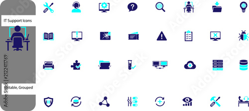 IT support icons set, professional technical assistance and computer service symbols, 32 flat vector elements for help desk and network troubleshooting ,Clean grouped each vector icon.