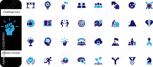 Challenge icons set, professional business competition and leadership vector elements, blue corporate achievement and goal symbols for infographics ,Clean grouped each vector icon.