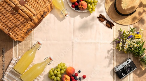 Summer Picnic Setting with Refreshing Lemonade and Fresh Fruits on a Rustic Blanket