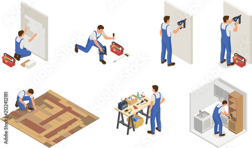 Isometric home renovation workers set installing flooring and fixing furniture.