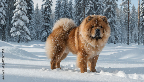 Full body shot of a Chow Chow standing in fresh deep white snow during a gentle snowfall, dense fluffy coat covered with tiny snowflakes, winter pine forest background, sharp focus, natural daylight, 
