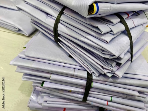 Close-up photo of a stack of banners