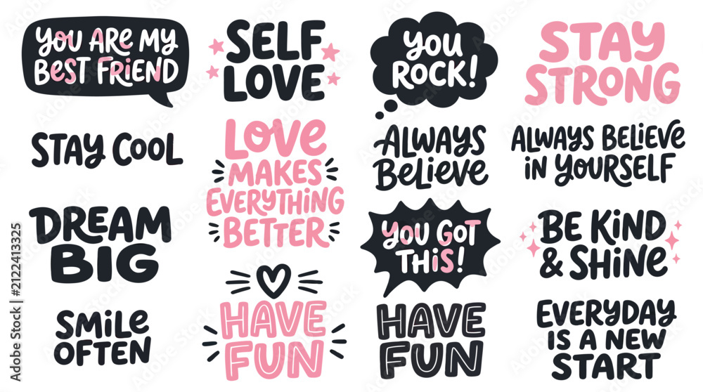 Fototapeta premium Motivational lettering quotes collection featuring cute pink and black hand drawn typography for inspiring creative projects