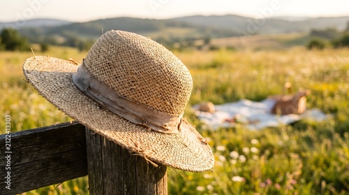 Woven Straw Hat Resting on a Rustic Wooden Fence in a Picturesque Summer Meadow