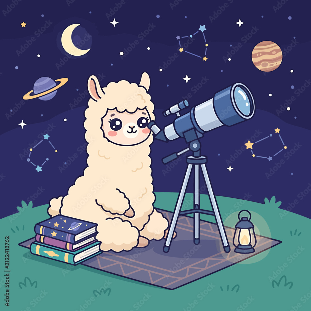Fototapeta premium Cute cartoon llama looking at the night sky through a telescope.