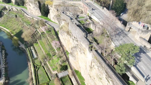 Cinematic drone forward flyover above historic Monument Patrimoine Mondial de l UNESCO Luxembourg