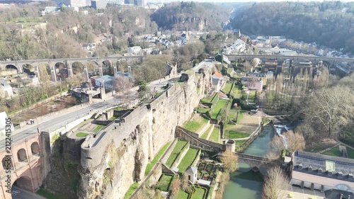 Aerial drone flyover revealing the historic UNESCO World Heritage Monument in Luxembourg City